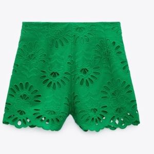 Zara Green Embroidered Eyelet High Waisted Shorts